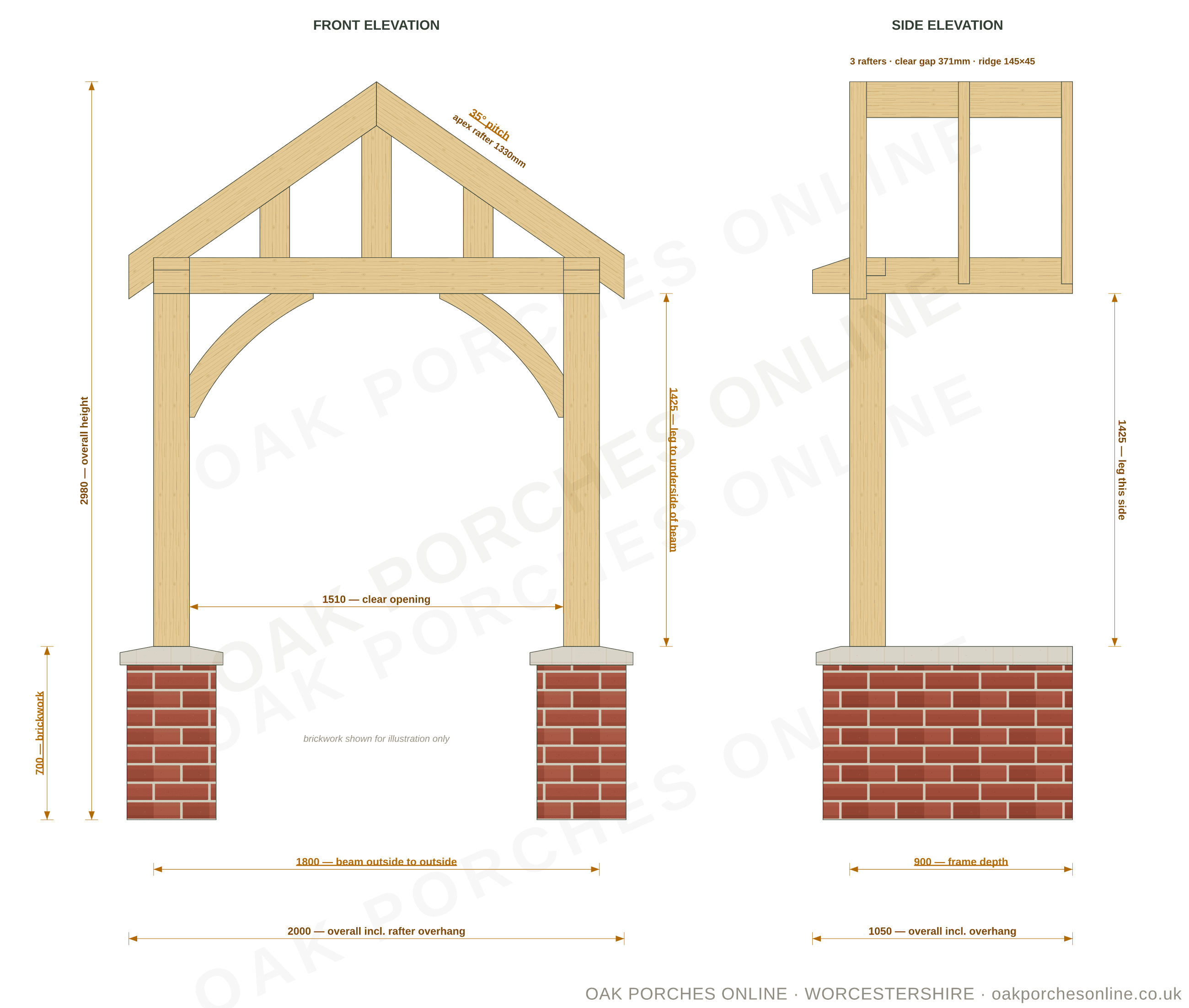 The Worcester — setting-out drawing at 1800 × 900 · brickwork illustrative mm, front and side elevations