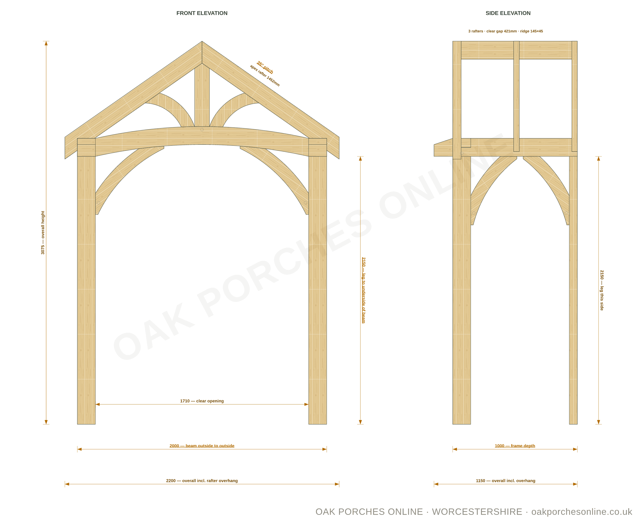 The Hereford — setting-out drawing at 2000 × 1000 mm, front and side elevations