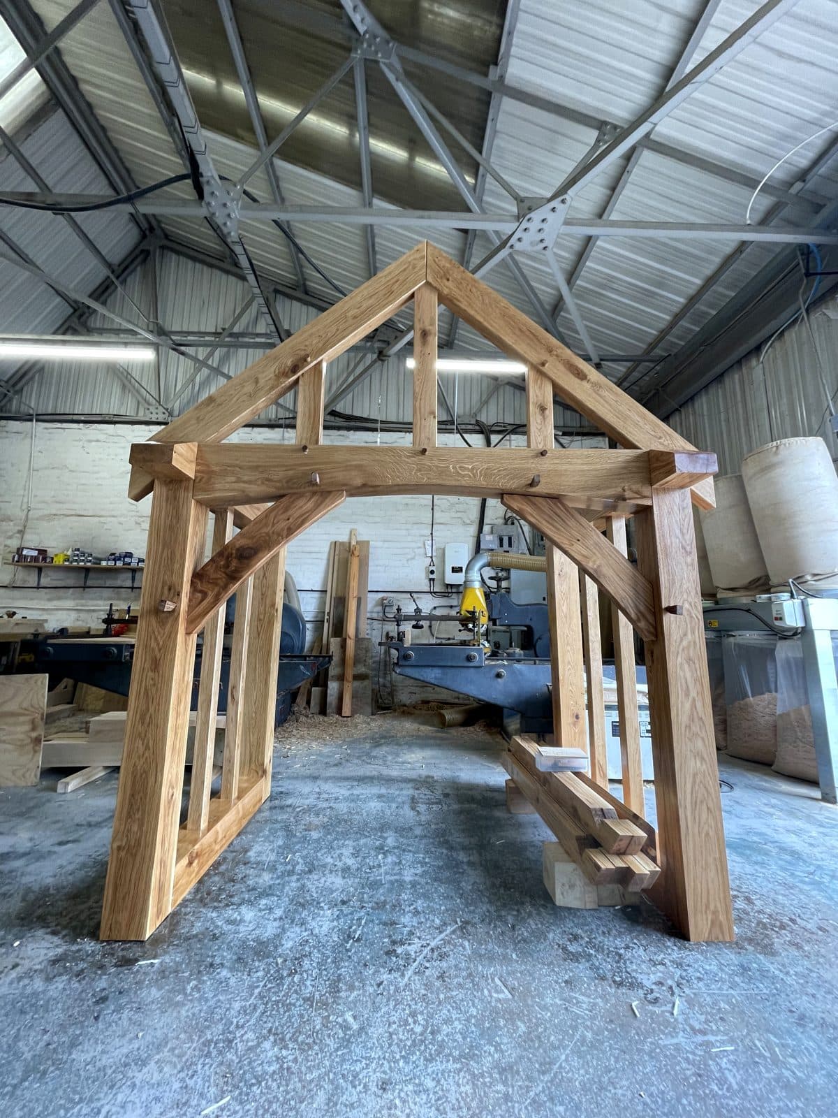 Broadway porch frame test assembly in the workshop, showing side glazing bars