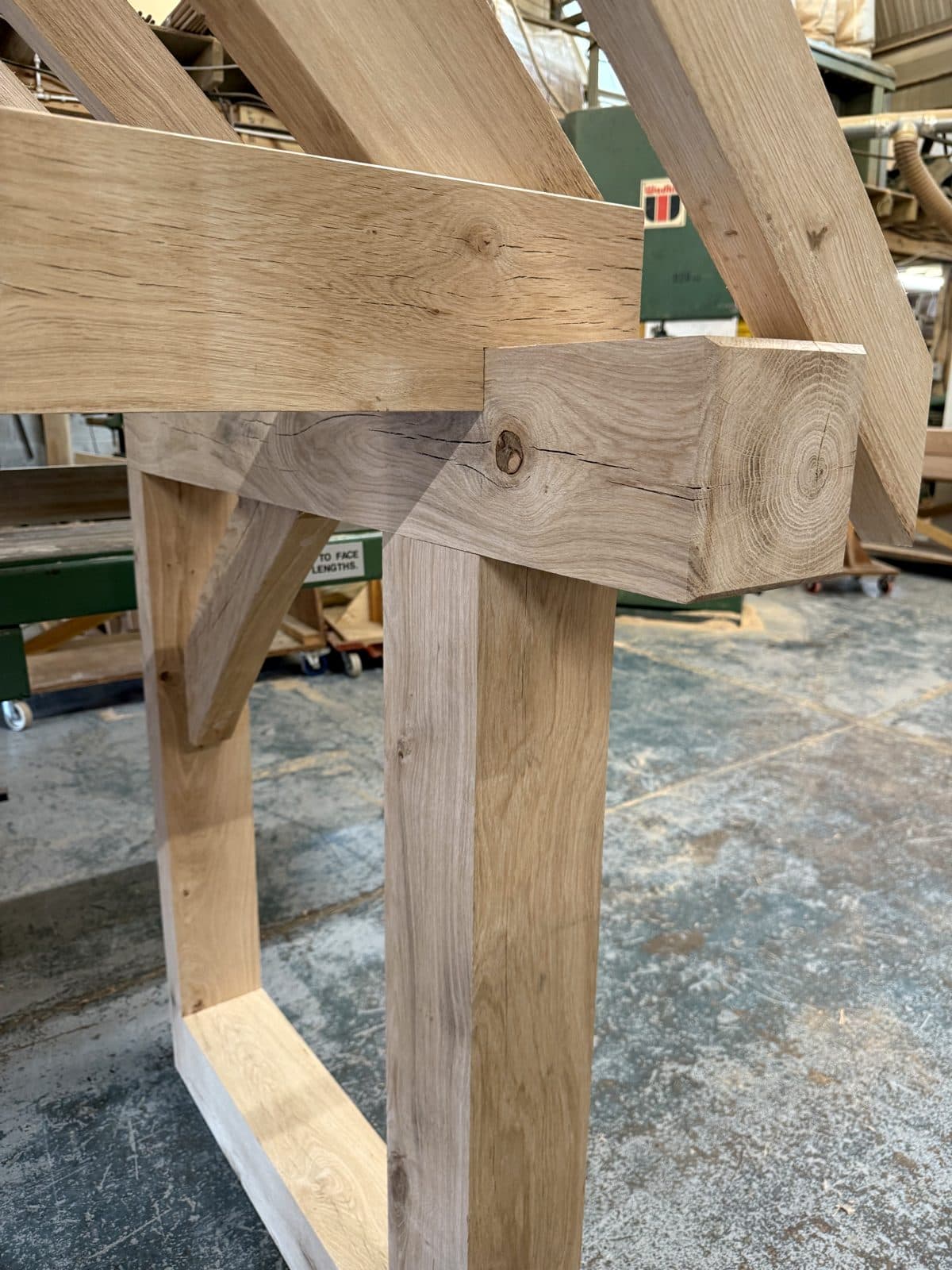 King post truss porch frame standing in the workshop